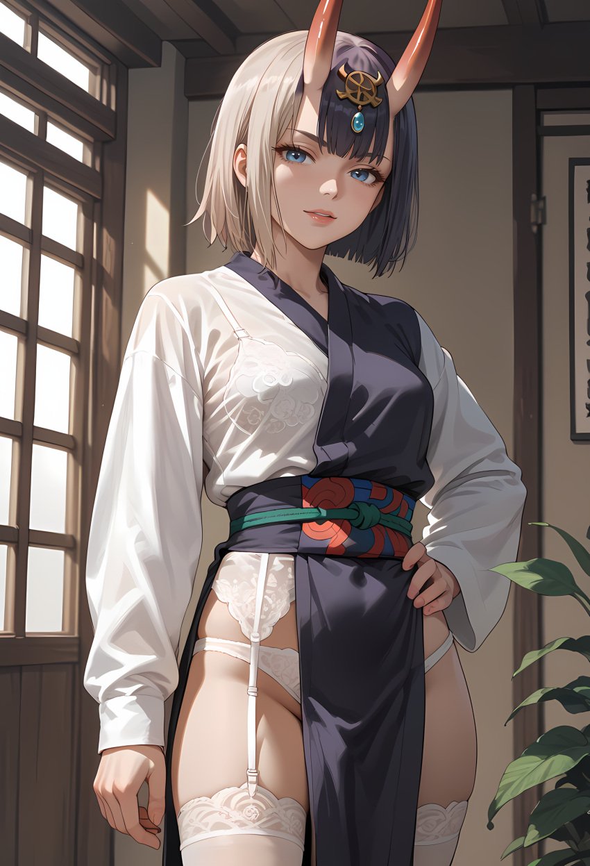 1girls ai_generated bangs blue_eyes bob_cut branch breasts fate_(series) female garter_belt garter_straps hand_on_hip headpiece horns indoors japanese_clothes kimono leaf long_sleeves looking_at_viewer makeup obi oni oni_horns panties parted_lips plant sash short_hair shouji shuten_douji_(fate) skin-covered_horns sliding_doors smile solo thighhighs underwear white_kimono white_legwear white_panties