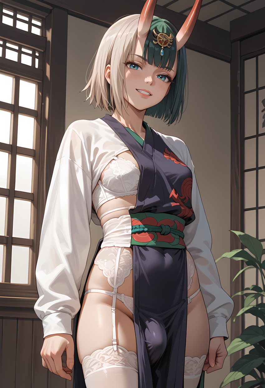 1futa ai_generated architecture bamboo bangs blunt_bangs bob_cut bra branch breasts east_asian_architecture fate_(series) female futanari garter_belt garter_straps horns indoors japanese_clothes kimono leaf long_sleeves looking_at_viewer makeup obi oni oni_horns open_door panties parted_lips plant potted_plant sash short_hair shouji shuten_douji_(fate) skin-covered_horns sliding_doors small_breasts smile solo thighhighs thighs underwear white_bra white_legwear white_panties