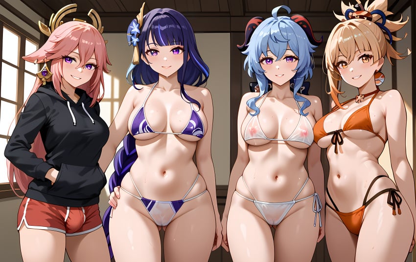 1futa 3girls ahoge ai_generated arms_behind_back bangs bare_shoulders bikini black_bikini blonde_hair blue_hair blush breast breasts collarbone cowboy_shot earrings eyebrows_visible_through_hair female futanari ganyu_(genshin_impact) genshin_impact goat_horns grin hair_ornament halterneck hand_on_hip hands_in_pockets highleg highleg_bikini highleg_swimsuit hood hoodie horns jewelry large_breasts long_hair looking_at_viewer medium_breasts multiple_girls navel nipples orange_bikini piercing purple_eyes raiden_shogun see-through short_hair short_shorts shorts side-tie_bikini side-tie_panties smile string_bikini swimsuit take_your_pick thighs white_bikini yae_miko yoimiya_(genshin_impact)