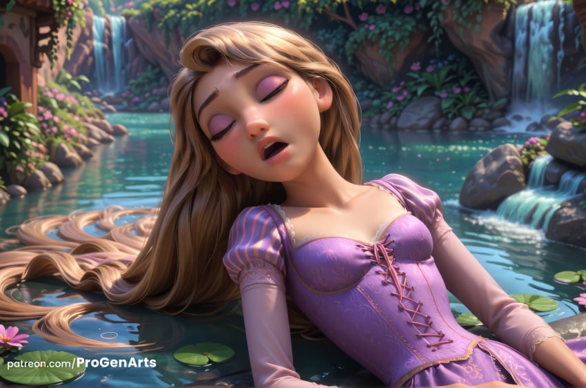 1girls ai_generated artist_name blonde_hair breasts closed_eyes collarbone disney disney_princess dress eyeshadow flower hi_res juliet_sleeves lily_pad long_hair long_sleeves lying makeup on_back open_mouth outdoors partially_submerged pink_flower progenarts puffy_sleeves purple_dress rapunzel rapunzel_(tangled) small_breasts solo tangled teeth very_long_hair water waterfall watermark web_address