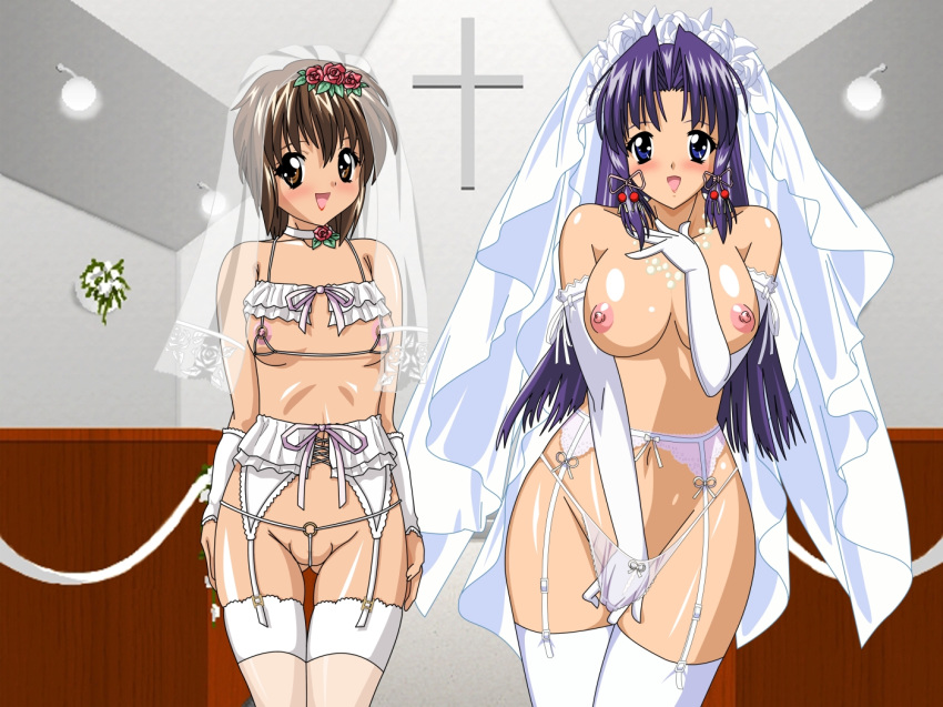 2girls between_labia blue_eyes blue_hair blush breastless_clothes breasts bride brown_eyes brown_hair cameltoe elbow_gloves fingering garter_belt hand_in_panties haruka_(sister_princess) large_breasts legwear lingerie mamoru_(sister_princess) masturbation multiple_girls nipples panties sister_princess smile stockings thighhighs underwear wedding yosio