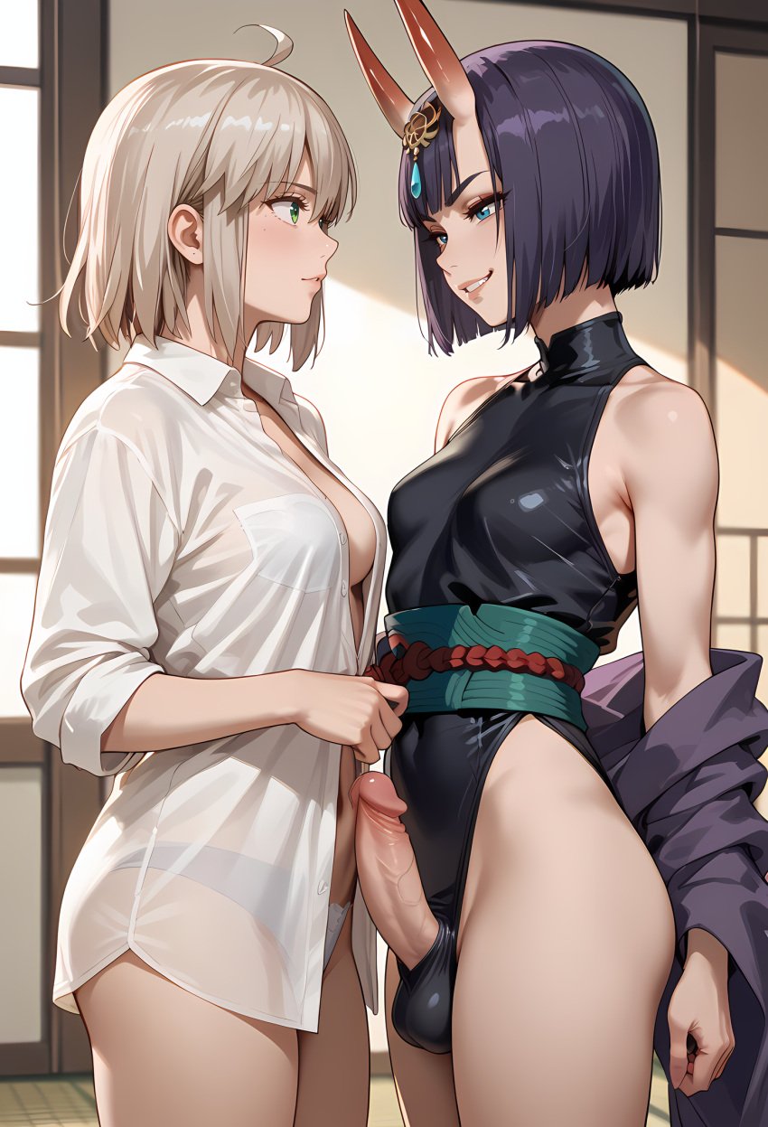 1futa 1girls 2girls ai_generated bangs bare_shoulders blue_eyes blush bob_cut breasts erection fate_(series) foreskin futa_with_futa futanari green_eyes grin headpiece horns indoors japanese_clothes kimono large_penis large_testicles leotard looking_at_another makeup multiple_girls multiple_penises obi off_shoulder okita_souji_(fate)_(all) oni oni_horns open_kimono penis penises_touching purple_eyes purple_hair sash see-through shirt short_hair short_kimono shouji shuten_douji_(fate) skin-covered_horns sliding_doors smile testicles uncensored veins veiny_penis white_kimono white_shirt window