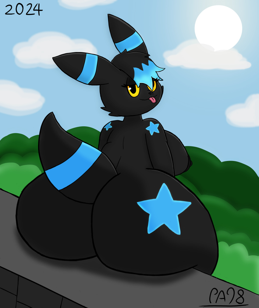 absurd_res anthro ass big_breasts big_butt black_body black_fur black_hair black_nose blue_hair breasts eeveelution female fur generation_2_pokemon hair hi_res nintendo paladyart98 pokemon pokemon_(species) shiny_pokemon solo stella_(paladyart98) tail tuft umbreon