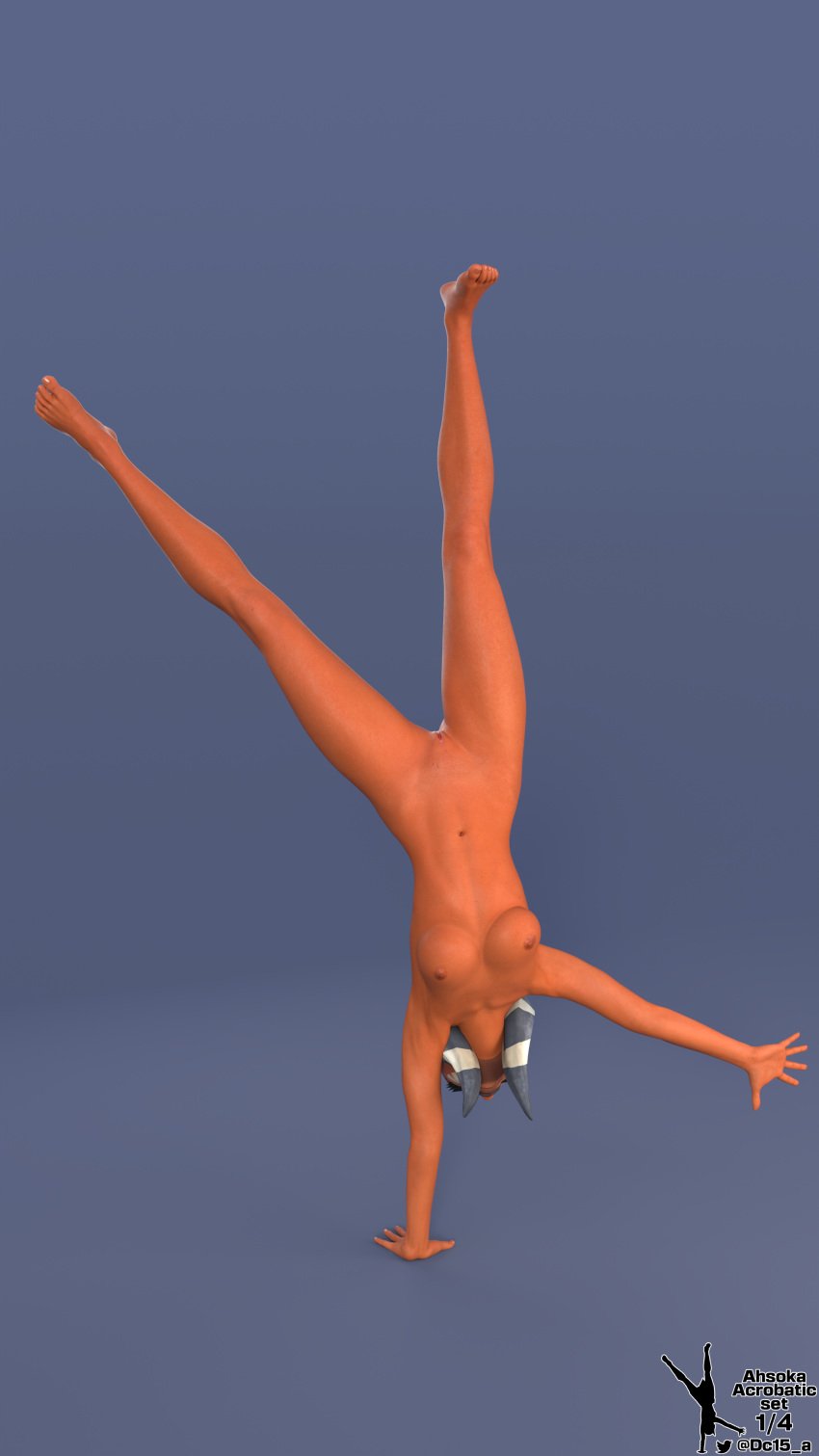 1girls 3d acrobatic ahsoka_tano alien clone_wars completely_nude dc15-a feet female female_only gymnastics handstand jedi jedi_padawan naked orange_body orange_skin pussy simple_background solo standing star_wars the_clone_wars:_season_one toes togruta