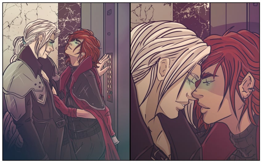 2boys almost_kissing crisis_core_final_fantasy_vii elevator face-to-face final_fantasy final_fantasy_vii gay genesis_rhapsodos glowing_eyes green_eyes hand_on_chest looking_at_partner male male/male nose_to_nose red_hair sephiroth suggestive white_hair yaoi