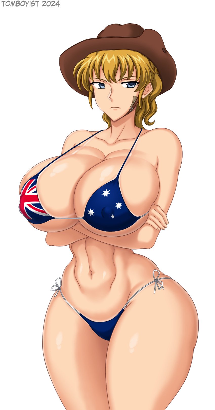 1girls abridged-satoko australia australian_flag big_breasts bikini blonde_hair blue_eyes breasts busty child_bearing_hips cleavage covered_nipples crossed_arms curvy female female_only flag_bikini flag_print hat highres jessica_ushiromiya large_breasts legs looking_at_viewer medium_hair navel ponytail pose posing solo swimsuit tan tanline thick_thighs thighs thong_bikini toned umineko_no_naku_koro_ni unamused voluptuous wide_hips