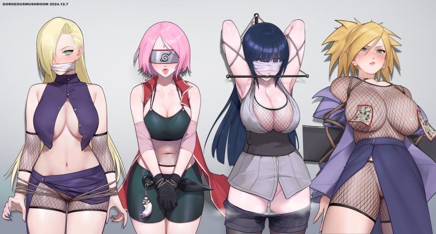 4girls absurdres arm_warmers bike_shorts black_gloves black_hair blonde_hair bound bound_wrists breasts female female_only fishnet_top fishnets forehead_protector gag gloves gorgeous_mushroom highres hyuuga_hinata ino_yamanaka konohagakure_symbol kunai large_breasts looking_at_viewer multiple_girls naruto naruto:_the_last naruto_(series) ofuda ofuda_on_nipples pasties pink_hair sakura_haruno short_shorts shorts temari weapon