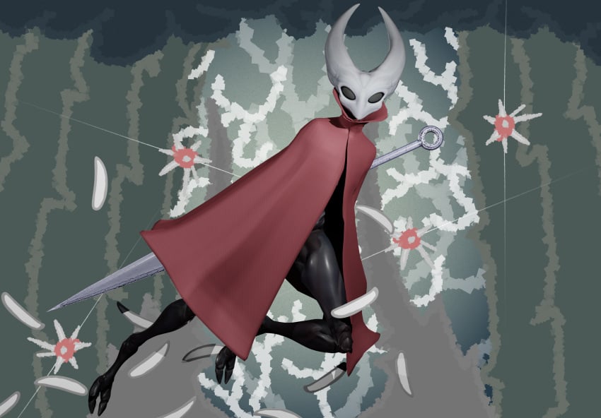 anthro arthropod black_body cloak cloak_only clothed clothing detailed_background exoskeleton female hollow_knight hornet_(hollow_knight) looking_at_viewer nude solo stikcs team_cherry weapon