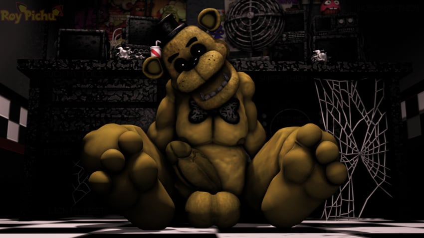 2024 3_toes 3d_(artwork) anthro balls bear black_bow_tie black_clothing black_hat black_headwear black_nose black_sclera bow_tie clothing digital_media_(artwork) dr.ivopingasnik electric_fan erection feet five_nights_at_freddy's floor front_view fur genitals glans golden_freddy_(fnaf) green_body green_fur green_glans green_inner_ear green_nipples green_penis hat headgear headwear humanoid_genitalia humanoid_penis inside looking_at_viewer male male_only mammal mostly_nude nipples on_ground open_mouth oscillating_fan penis roythepichu scottgames solo spider_web tile tile_floor toes top_hat white_eyes yellow_balls yellow_body yellow_fur