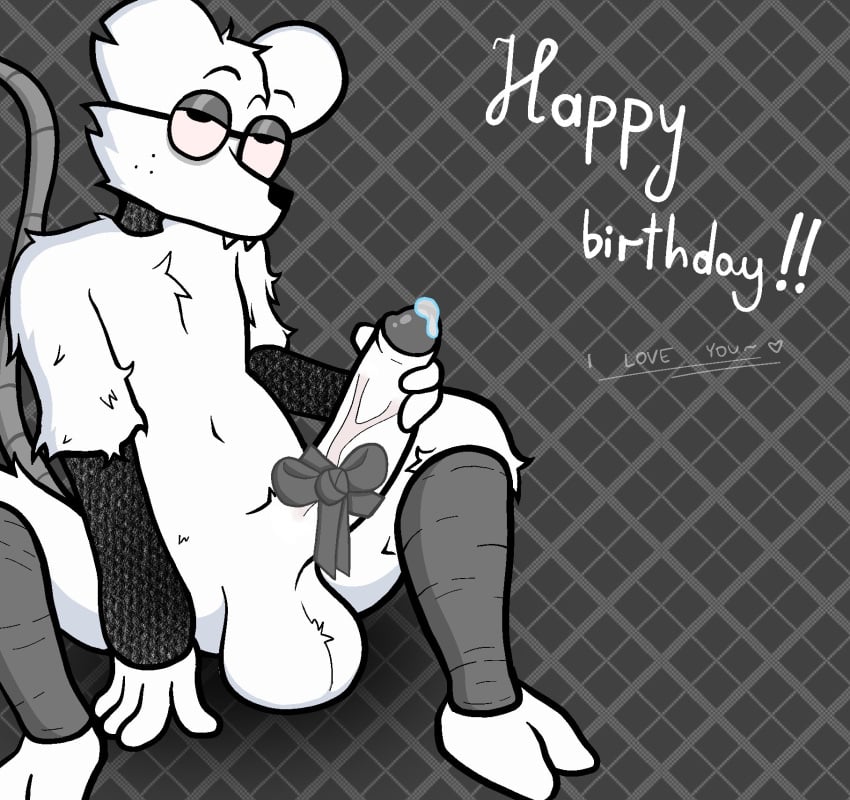 anthro big_cock el_sick english_text fanart fanart_from_twitter furry_ears furry_only grayscale oc possum rat_tail ribbon ribbon_on_penis sik_(el_sick) white_fur