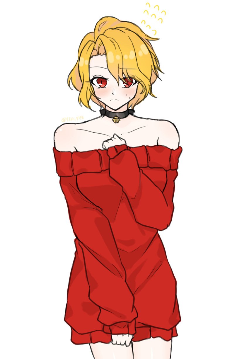 blonde_female blonde_hair blushing collar cute don_quixote_(limbus_company) embarrassed embarrassed_female limbus_company nervous project_moon red_hair sancho_(limbus_company) short_hair shoulders sweater thighs tlsh_3798