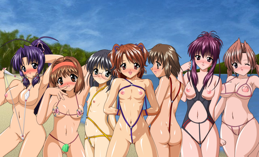 6+girls 7girls ass between_labia big_breasts blush breasts cameltoe chikage_(sister_princess) flat_chest functionally_nude glasses haruka_(sister_princess) highres kaho_(sister_princess) large_breasts mamoru_(sister_princess) marie_(sister_princess) multiple_girls nipples sakuya_(sister_princess) sister_princess smile swimsuit wink yosio yotsuba_(sister_princess)