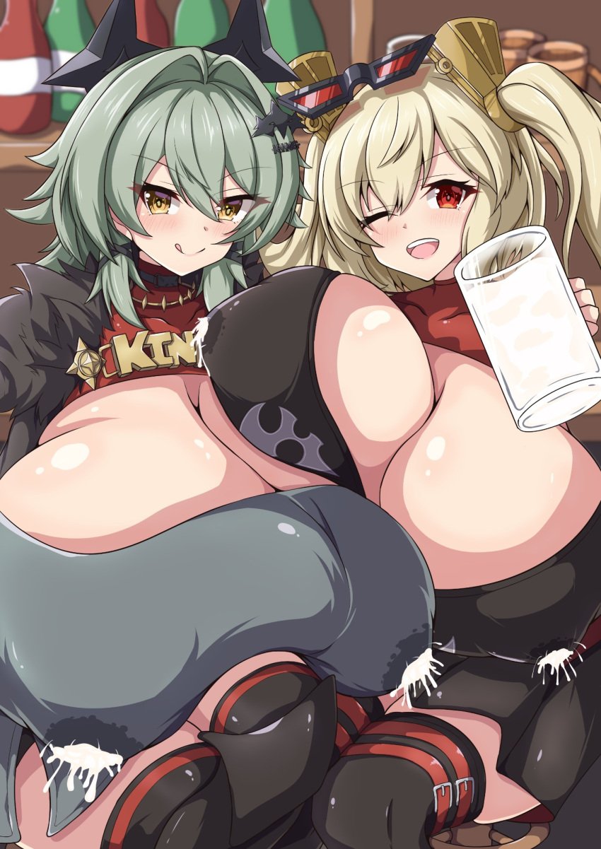 2girls blush burnice_white caesar_king huge_breasts lactation lactation_through_clothes licking_lips massive_breasts milk_jug mug multiple_girls one_eye_closed smile sons_of_calydon v-shaped_eyebrows zenless_zone_zero