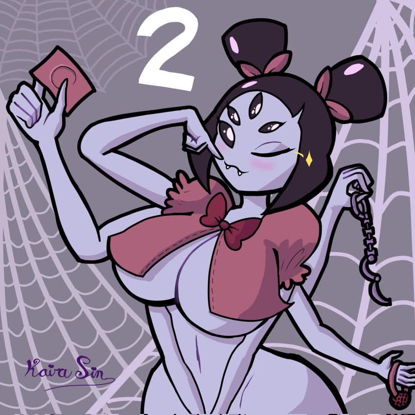 5_eyes 6_arms big_breasts bowtie breasts condom condom_wrapper handcuffs holding_condom holding_handcuffs holding_object imminent_sex kairasin monster_girl muffet multi_arm multi_eye multi_limb purple_body purple_skin seductive seductive_look seductive_smile spider spider_girl toby_fox underboob undertale undertale_(series) wink winking_at_viewer