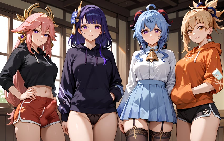 1futa 3girls ahoge ai_generated bangs bell black_legwear black_shorts blonde_hair blue_hair blue_hoodie blue_shorts blush breasts brown_legwear bulge bulge_through_clothing casual cowboy_shot earrings erection_under_clothes eyebrows_visible_through_hair futa_with_female futanari ganyu_(genshin_impact) garter_straps genshin_impact grey_hoodie grin hair_between_eyes hair_ornament hand_in_pocket hand_on_hip hands_in_pockets hands_on_hips highleg_panties hood hood_down hooded_sweater hoodie horns jacket jewelry large_breasts long_hair long_sleeves looking_at_viewer medium_breasts multiple_girls navel panties piercing pink_hair pleated_skirt purple_eyes raiden_shogun red_hoodie school_uniform shirt short_hair short_shorts shorts skirt smile standing star_earrings thighhighs track_jacket underwear yae_miko yellow_eyes yoimiya_(genshin_impact)