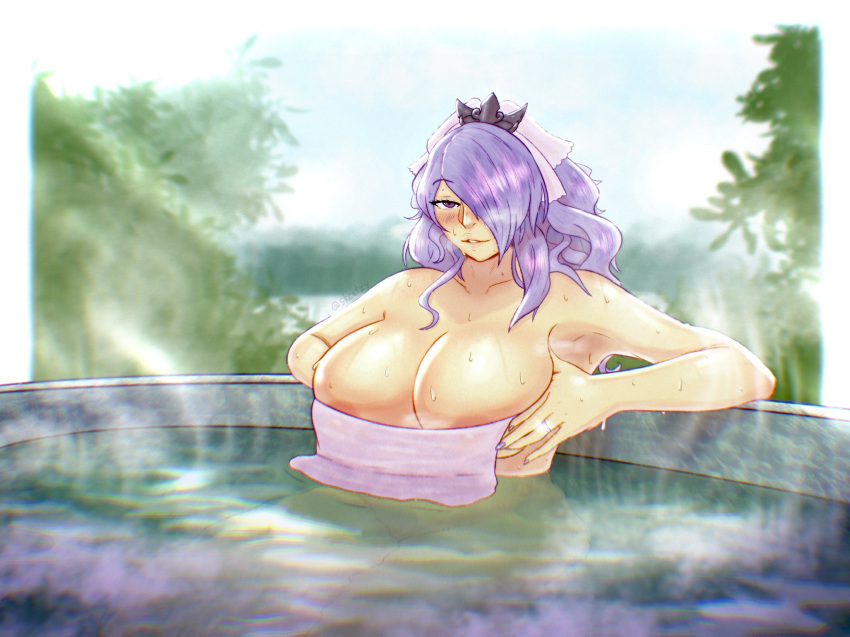 1girls alternate_costume alternate_hairstyle bath breasts camilla_(fire_emblem) camilla_(hot_springs)_(fire_emblem) cleavage completely_nude female female_only fire_emblem fire_emblem_fates fire_emblem_heroes hot_spring huge_breasts nail_polish naked_towel nintendo nipples nude nude_female official_alternate_costume onsen partially_submerged ponytail purple_eyes purple_hair purple_nails skcatz solo towel