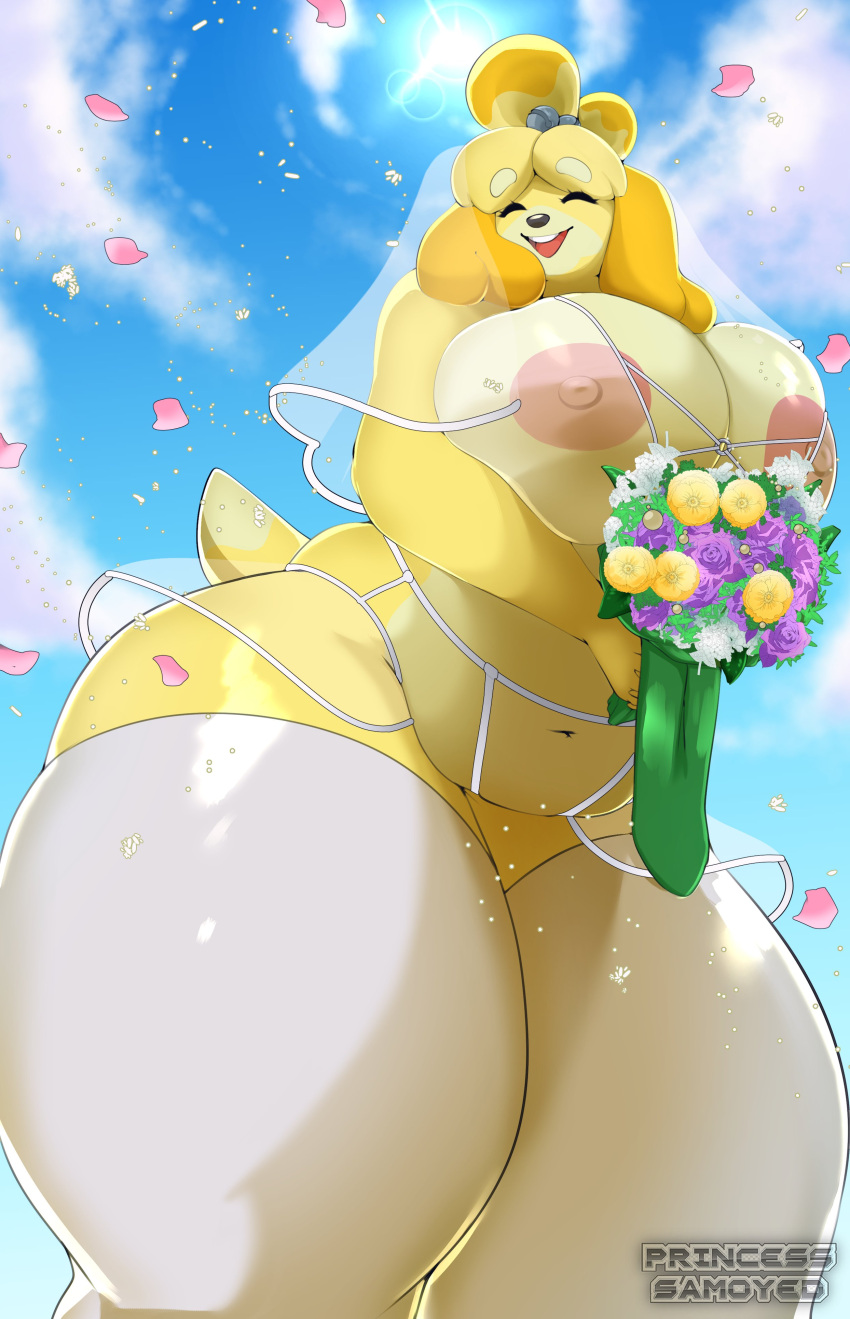 absurd_res animal_crossing anthro areola belly big_breasts black_nose blonde_hair bouquet breasts canid canine canis chubby_anthro chubby_female closed_eyes clothing cloud domestic_dog dress female flower hair happy hi_res isabelle_(animal_crossing) mammal navel nintendo nipples non-human_areolae open_mouth open_smile outside plant princesssamoyed shih_tzu sky slightly_chubby smile solo toy_dog video_games wedding_dress yellow_body yellow_tail