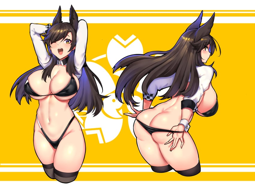 absurdres animal_ears ass ass_cleavage atago_(azur_lane) atago_(stunning_speedster)_(azur_lane) azur_lane bangs big_ass big_breasts bikini black_bikini black_hair black_legwear blush breasts butt_crack female funaya_(a2brasd) highres large_breasts long_hair long_sleeves looking_at_viewer looking_back multiple_views navel one_eye_closed open_mouth race_queen sakura_empire_(emblem) shrug_(clothing) smile swimsuit thighhighs thighs yellow_background