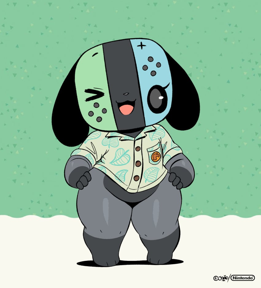 adorable ambiguous_gender animate_inanimate anthro bottomless canid canine canis clothed clothing cute cute_face digital_media_(artwork) domestic_dog hands_on_hips hi_res joaoppereiraus looking_at_viewer mammal nintendo nintendo_switch one_eye_closed open_mouth open_smile shirt shortstack signature smile solo switch_dog switchy_(joaoppereiraus) thick_thighs topwear video_games wide_hips wink