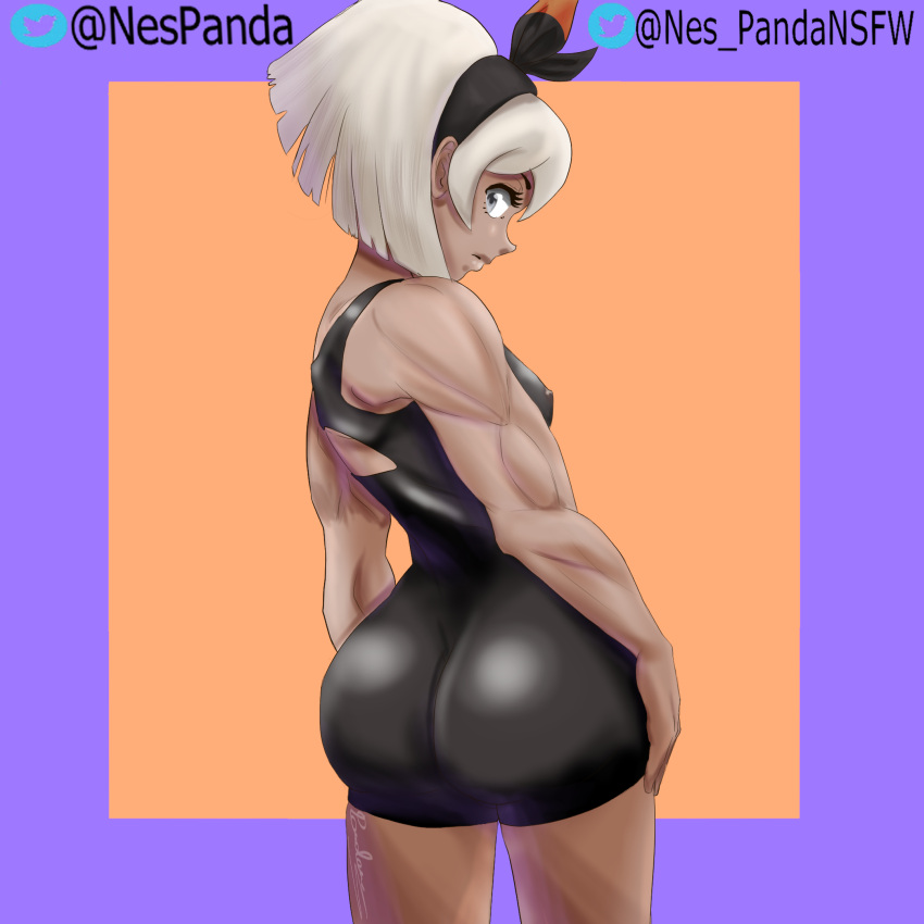 1girls ass ass_focus bare_arms bare_thighs bea_(pokemon) breasts buff butt_crack butt_focus dark-skinned_female dark_skin female female_focus female_only fit fit_female muscle muscles nintendo nipples nipples_visible_through_clothing panda_nes pokemon pokemon_ss ribbon small_breasts tan_body tight_clothes tight_clothing white_eyes white_hair