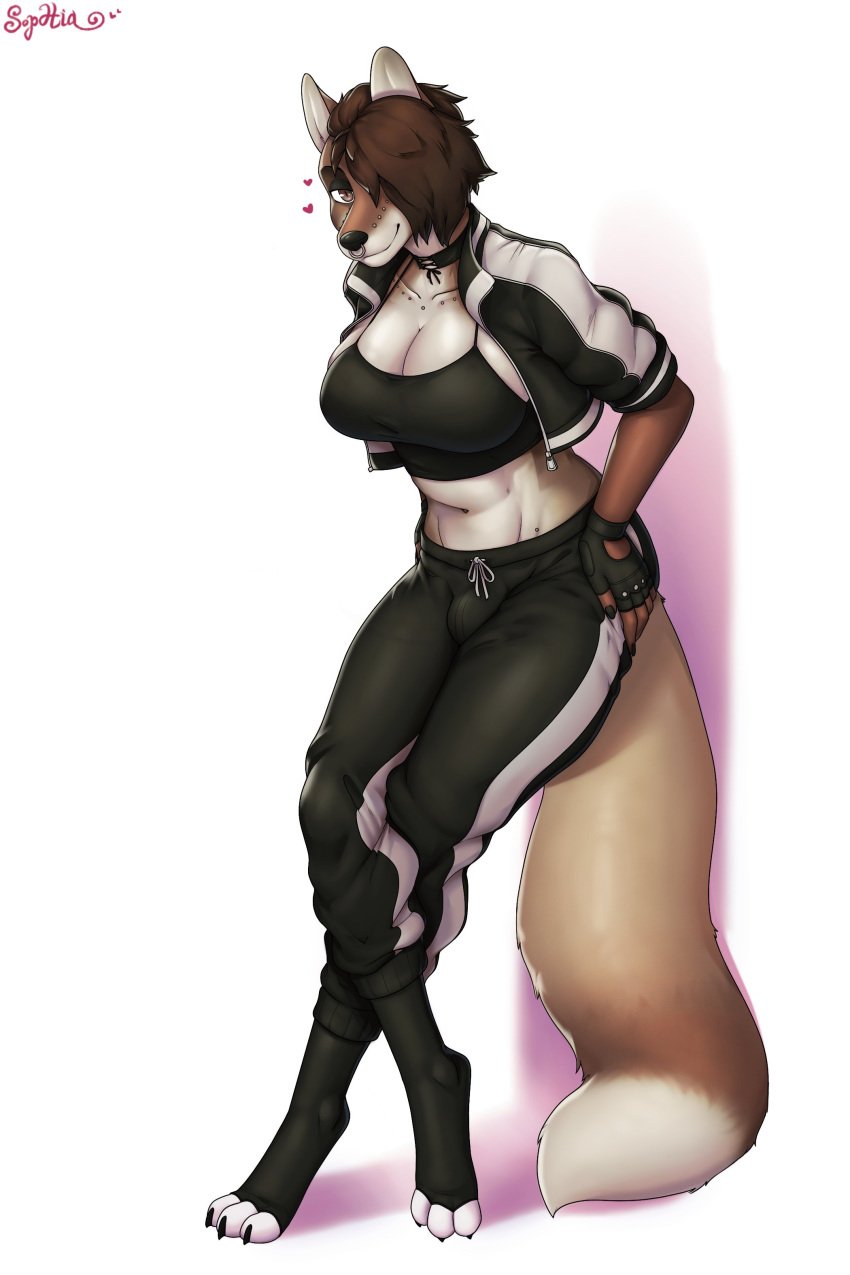 anthro big_breasts big_butt brown_eyes brown_fur brown_hair bulge_through_clothing canid choker cropped_tank_top fingerless_gloves fluffy_tail fox fully_clothed futa_only futanari heart hodalryong jacket large_hips leg_warmers long_socks multiple_piercings pants pants_bulge shirt small_shirt smile sophiathedragon sports_pant thick_thighs thin_waist