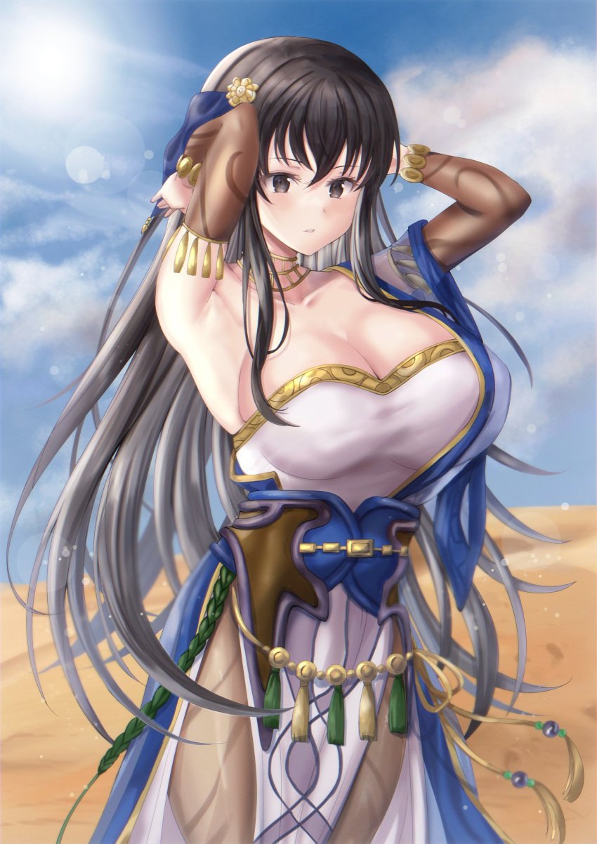 1girls alternate_breast_size alternate_costume armpits big_breasts black_eyes black_hair breasts cleavage day desert female female_only fire_emblem fire_emblem:_the_blazing_blade fire_emblem_heroes huge_breasts karla_(fire_emblem) karla_(hatari)_(fire_emblem) large_breasts long_hair nintendo official_alternate_costume outdoors pantyhose pelvic_curtain sand solo thighs very_long_hair yui_(msy1302mana)