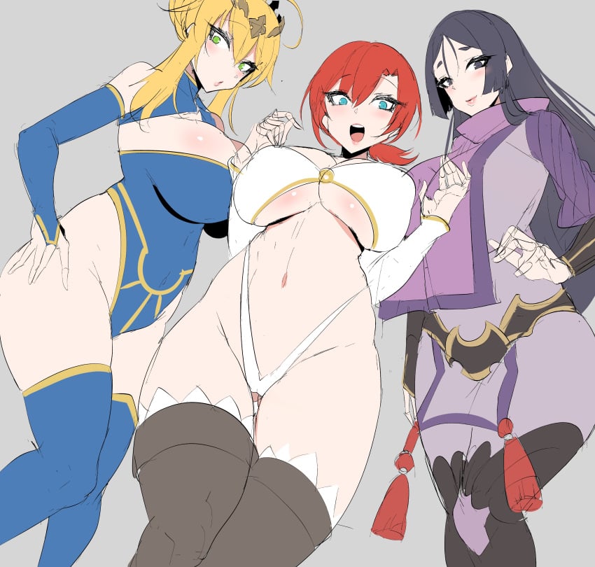 3girls absurdres ahoge artoria_pendragon artoria_pendragon_(fate) artoria_pendragon_(lancer) artoria_pendragon_(lancer)_(fate) blue_legwear blush boots boudica_(fate) boudica_(fate/grand_order) breasts circlet cleavage cleavage_cutout clothing_cutout curvy fate/grand_order fate_(series) funaya_(a2brasd) green_eyes hair_between_eyes highres large_breasts long_hair looking_at_viewer milf minamoto_no_raikou_(fate) minamoto_no_raikou_(fate/grand_order) mother's_day multiple_girls navel open_mouth smile thigh_boots thighhighs