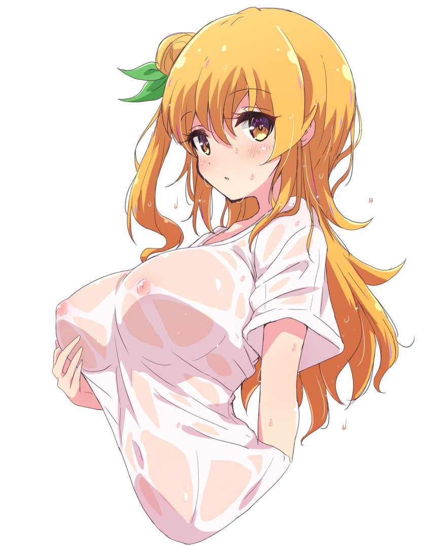 blush breasts covered_navel covered_nipples eyebrows_visible_through_hair female green_ribbons hair_between_eyes hair_bun hair_ribbon highres hinatsuki_mikan large_breasts long_hair looking_at_viewer machikado_mazoku mel_(melty_pot) navel nipples no_bra orange_hair ribbon see-through see-through_shirt shirt short_sleeves simple_background solo t-shirt upper_body wet wet_clothes wet_hair wet_shirt white_background white_shirt yellow_eyes