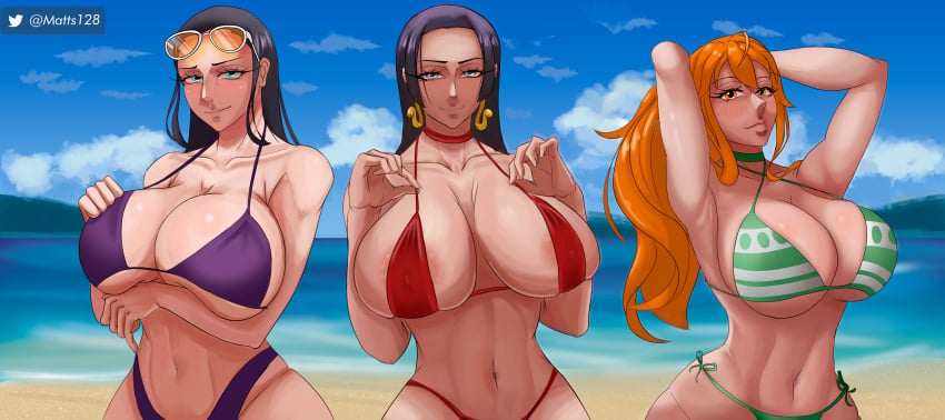 3girls absurdres alternate_breast_size aqua_eyes areola_slip areolae arm_under_breasts arms_behind_head artist_name beach big_breasts bikini bikini_bottom bikini_top black_hair blue_eyes blush boa_hancock breasts breasts_bigger_than_head busty choker cleavage collarbone earrings erect_nipples erect_nipples_under_bikini erect_nipples_under_swimsuit erection_under_clothes facing_viewer female female_only green_bikini green_bikini_bottom green_bikini_top green_choker green_swimsuit green_swimwear hi_res high_resolution highres hourglass_figure huge_breasts jewelry large_breasts long_hair looking_at_viewer matts128 multiple_females multiple_girls nami navel nico_robin ocean one_piece orange_eyes orange_hair pose post-timeskip purple_bikini purple_bikini_bottom purple_bikini_top purple_swimsuit purple_swimwear red_bikini red_bikini_bottom red_bikini_top red_choker red_swimsuit red_swimwear seductive seductive_eyes seductive_look seductive_smile sky smile smiling_at_viewer stomach striped_bikini sunglasses_on_head swimsuit teasing teasing_viewer voluptuous water women