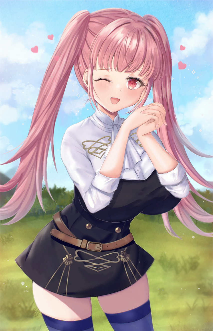 1girls ;d ascot bangs black_dress blue_thighhighs breasts cowboy_shot day dress female female_only fire_emblem fire_emblem:_three_houses garreg_mach_monastery_uniform grass highres hilda_valentine_goneril huge_breasts long_hair nintendo one_eye_closed open_mouth outdoors own_hands_together pink_eyes pink_hair short_dress sleeves_rolled_up smile solo thighhighs twintails yui_(msy1302mana) zettai_ryouiki