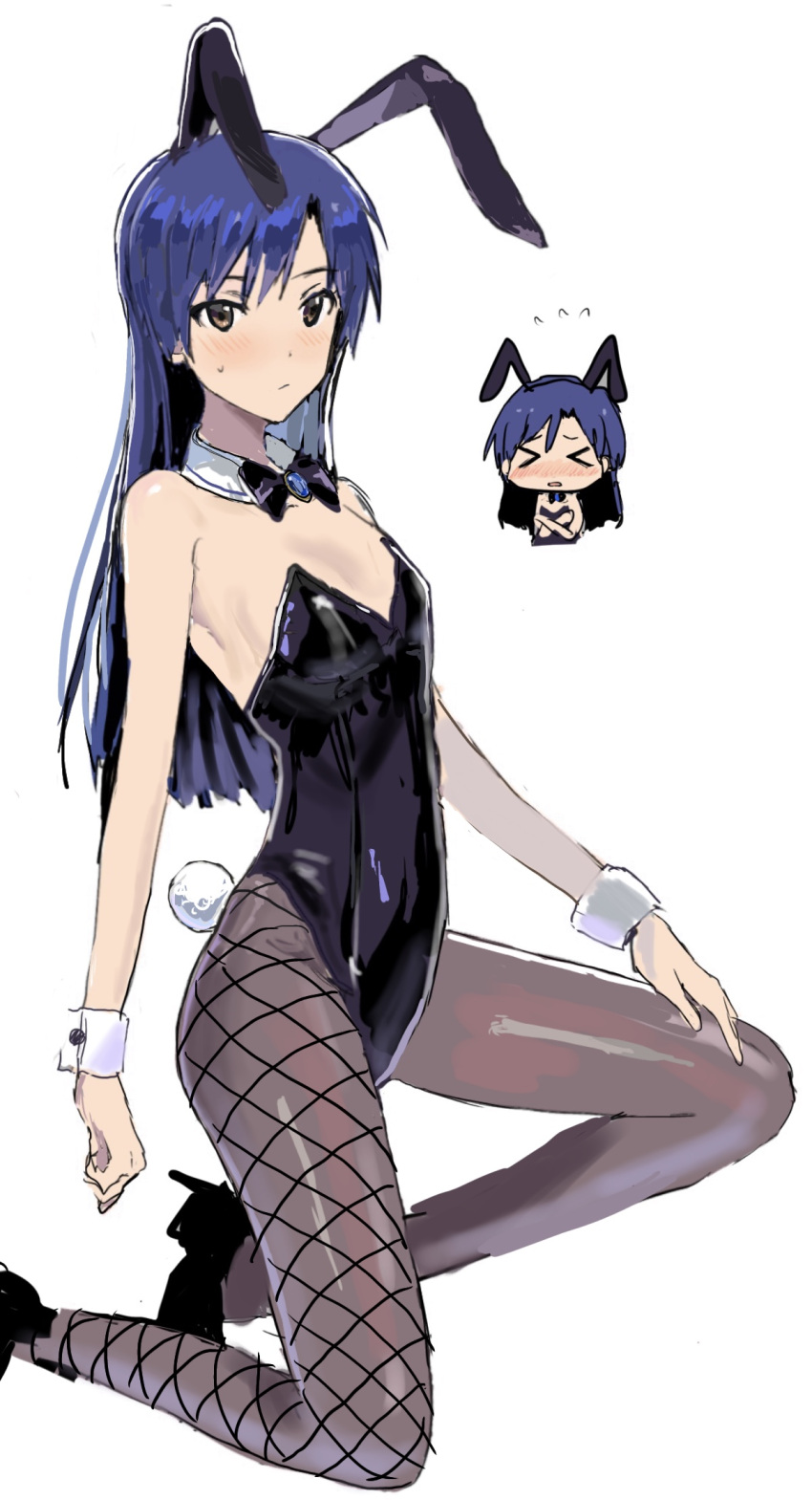 >_< animal_ears asymmetrical_legwear bangs bare_arms bare_shoulders black_footwear black_leotard blue_hair blush bow bowtie brown_eyes chibi detached_collar embarrassed fake_animal_ears fake_tail female fishnet_legwear fishnets flat_chest highres hitodama_(madatohi) idolmaster idolmaster_(classic) kisaragi_chihaya kneeling leotard long_hair looking_at_viewer mismatched_legwear one_knee pantyhose petite playboy_bunny rabbit_ears rabbit_tail red_leotard simple_background sketch solo sweatdrop tail white_background wrist_cuffs