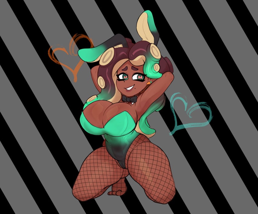 1girls arms_behind_head beauty_mark big_breasts bow_tie breasts bunny_ears bunny_girl bunnysuit cadslime cleavage collar dark-skinned_female dark_skin earrings female female_focus female_only fishnet_stockings fishnets green_eyes hands_behind_head large_breasts leggings leotard looking_at_viewer marina_(splatoon) mole mole_under_mouth multicolored_hair octoling on_knees smile smiling smiling_at_viewer solo solo_female solo_focus splatoon splatoon_2 symbol-shaped_pupils tentacle_hair thick_thighs thighs