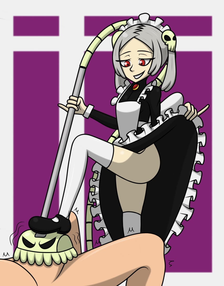 1boy 1girls bloody_marie bloodydrawings female male red_eyes skullgirls thighhighs vacuum_cleaner vacuum_fellatio