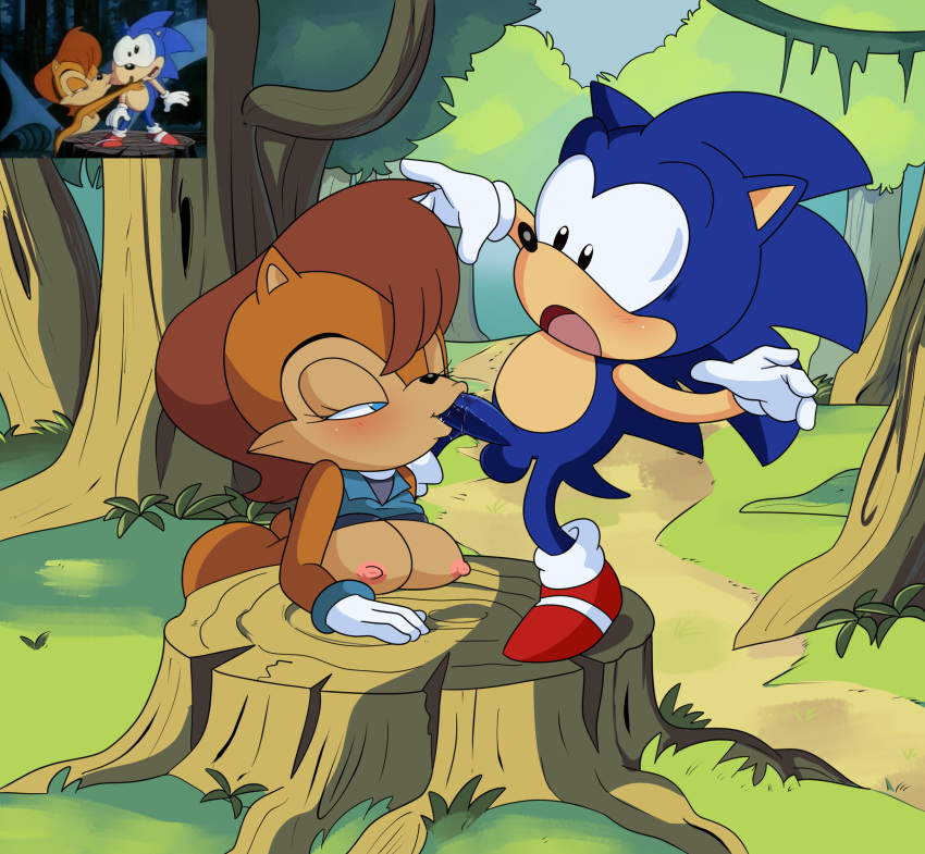 1boy 1girls alternate_version_available ass big_breasts breasts edit fellatio heartlesssoul sally_acorn screenshot_insert shirt_up sneakers sonic_(series) sonic_satam sonic_the_hedgehog sonic_the_hedgehog_(comics) sonic_the_hedgehog_(series)