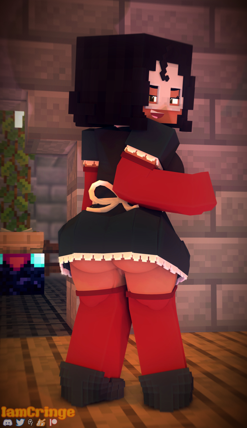 1futa 3d apron ass bow briana_(iamcringe) brown_eyes character clothed clothing commission dark_skin dress futa_only futanari gloves human iamcringe knees_together_feet_apart looking_at_viewer looking_back looking_back_at_viewer maid_apron mask mine-imator minecraft no_panties presenting presenting_ass presenting_hindquarters ribbon solo tagme thighhighs