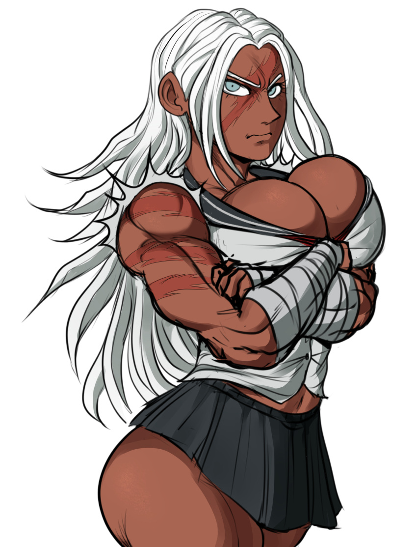 abs arms_crossed bandages big_ass big_breasts blue_eyes cleavage danganronpa danganronpa:_trigger_happy_havoc dark-skinned_female detnox fit_female hips long_hair miniskirt muscular_female navel oogami_sakura ripped_clothing scars school_uniform schoolgirl straight_hair thick_thighs white_hair