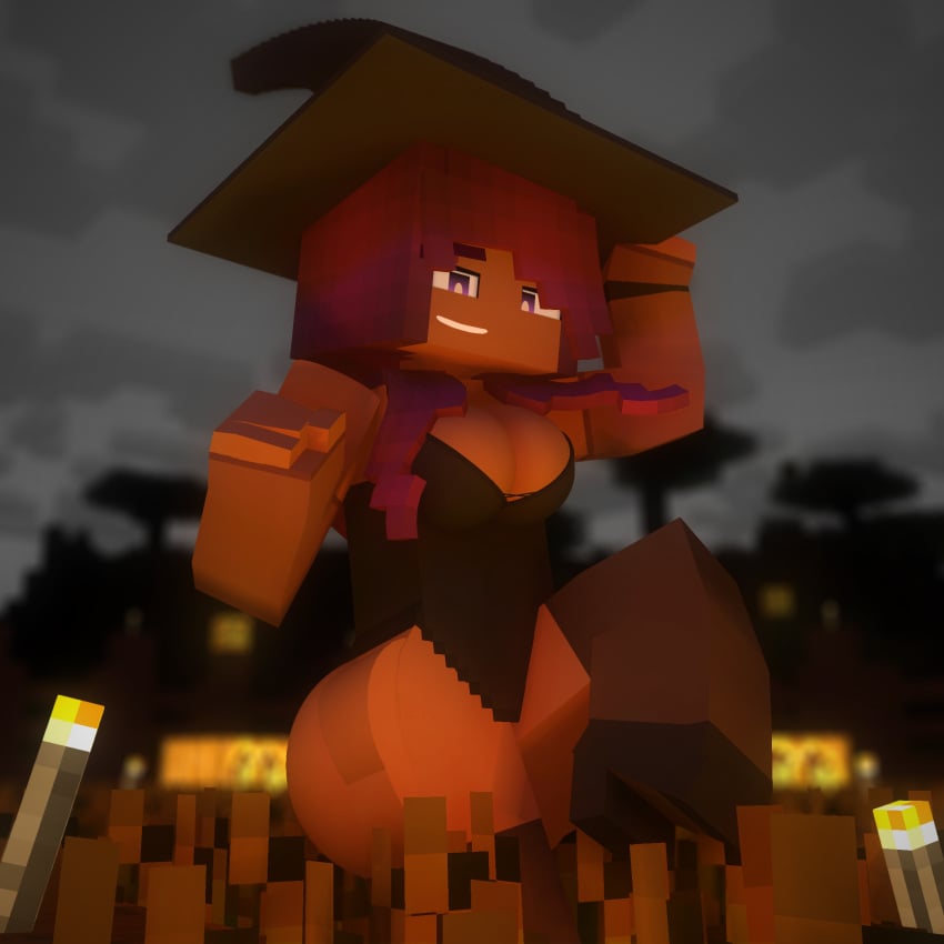 1girls 3d breasts character clothing commission cuteskyler female female_only halloween leotard lifting_leg mine-imator minecraft outdoors outside purple_hair solo solo_female tagme witch_hat