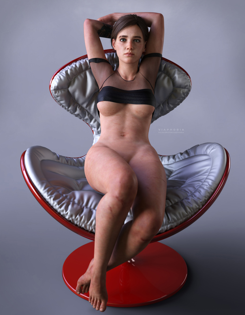 1girls 3d 3d_(artwork) abs absurd_res alternate_breast_size arms_behind_head barefoot belly belly_button big_breasts bottomless brown_hair crop_top ellie_(the_last_of_us) ellie_williams feet female female_focus female_only freckles green_eyes leaning_back looking_at_viewer midriff naughty_dog no_panties sitting solo solo_female solo_focus sony_interactive_entertainment tattoo the_last_of_us the_last_of_us_2 thick_thighs toes underboob viaphobia