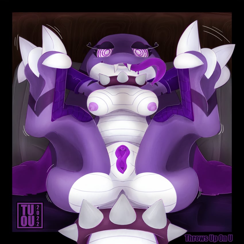 anthro ass bed breasts collar fangs female furniture genitals goo_creature hi_res hindpaw hypnotic_eyes hypnotizing_viewer nipples paws purple_body purple_scales pussy scales scalie shaded simple_background solo spiked_collar spikes spread_legs spreading throws_up_on_u toe_wiggle tongue