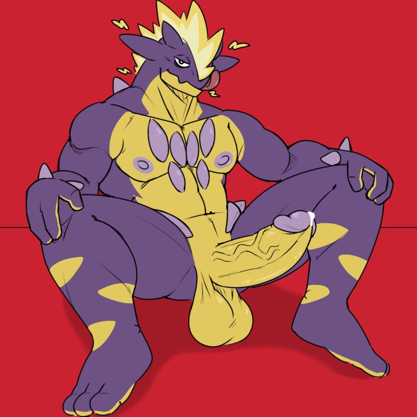 amped_toxtricity anthro balls big_penis boner castrodour erection genitals hi_res humanoid_genitalia humanoid_penis male male_only muscular muscular_anthro muscular_male nintendo nipples nude pecs penis pokémon_(species) pokemon purple_body red_background simple_background sitting solo toxtricity video_games