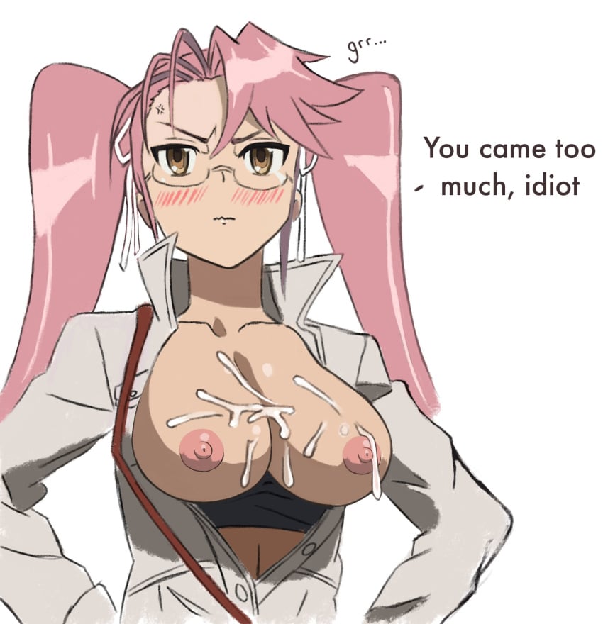 areolae blush breasts breasts_out busty cum dekkapie edit english_text female female_focus female_only glasses highschool_of_the_dead hourglass_figure nipples pink_hair saya_takagi wide_hips