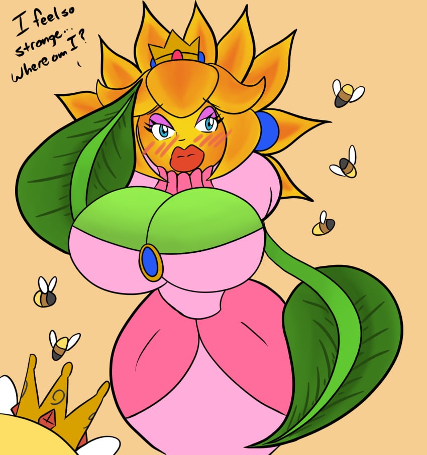 1girls bee big_breasts big_lips bimbo blonde_hair blue_eyes blush breasts cleavage clothed clothing conker's_bad_fur_day crossover crown dress earrings english_text female flower huge_breasts hyper_bimbo leaves lipstick mario_(series) miss_sunflower nintendo princess_peach rareware red_lipstick simple_background standing sunflower_(conker's_bad_fur_day) text transformation