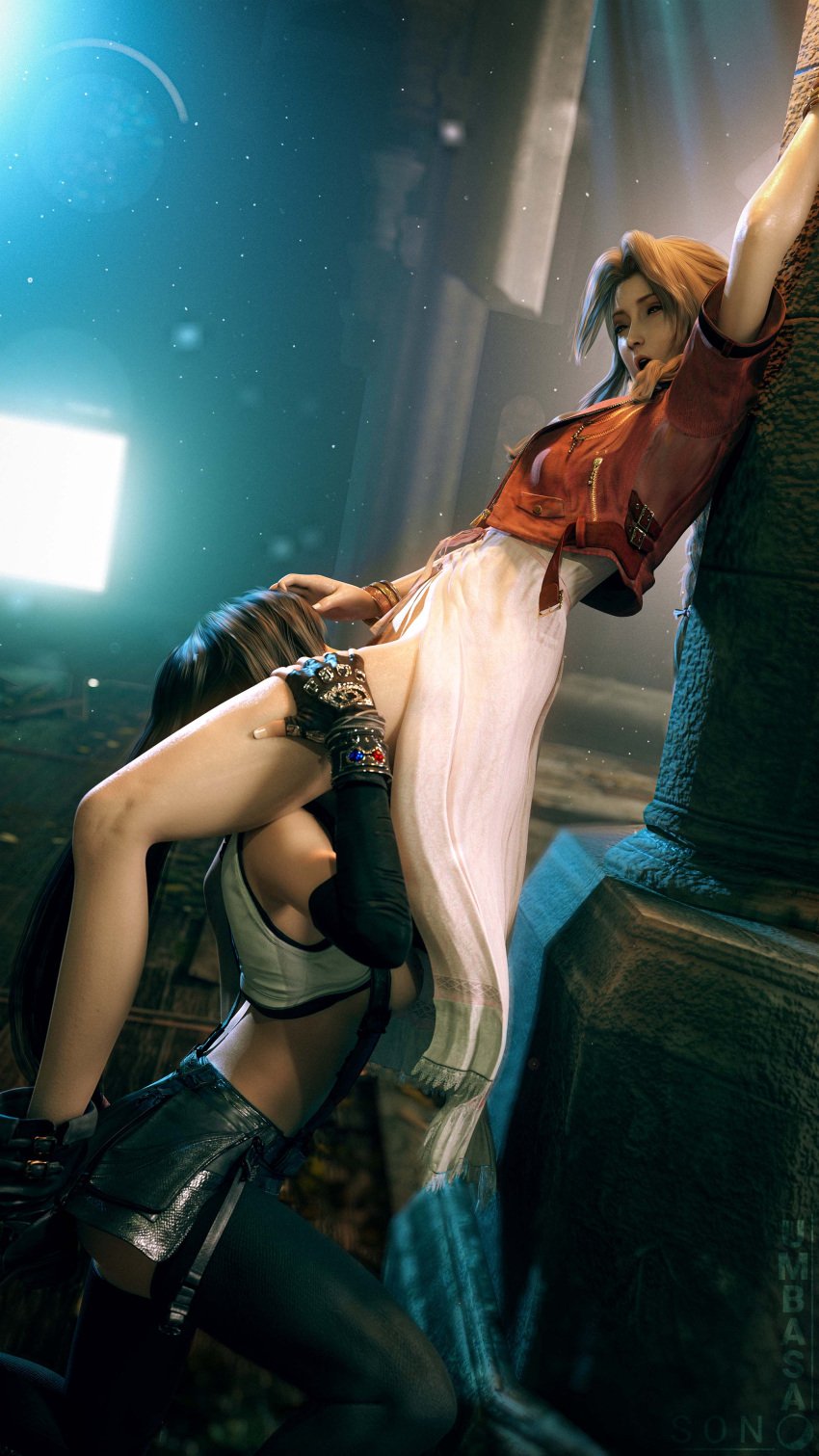 2girls 3d aerith_gainsborough black_hair black_legwear blender blender_(software) brown_hair cunnilingus eating_pussy elbow_gloves fair-skinned_female fair_skin female female_only final_fantasy final_fantasy_vii final_fantasy_vii_remake gloves green_eyes light-skinned_female light_skin open_mouth son_umbasa suspenders thighhighs tifa_lockhart yuri