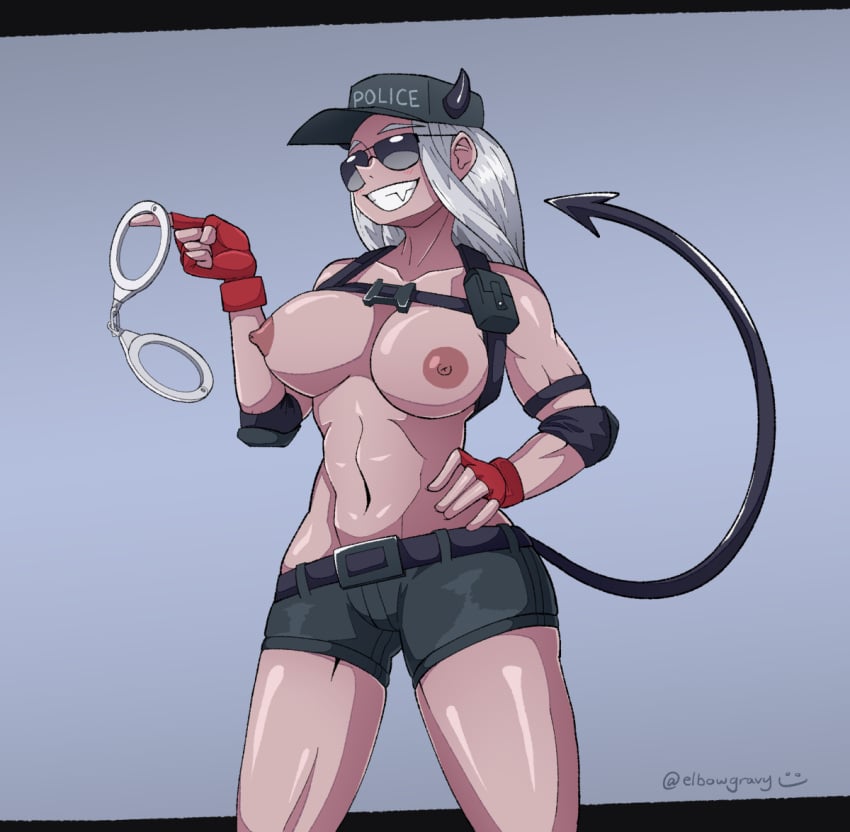 1girls abs breasts elbowgravy handcuffs helltaker horns justice_(helltaker) light-skinned_female light_skin police police_hat police_uniform tail white_hair