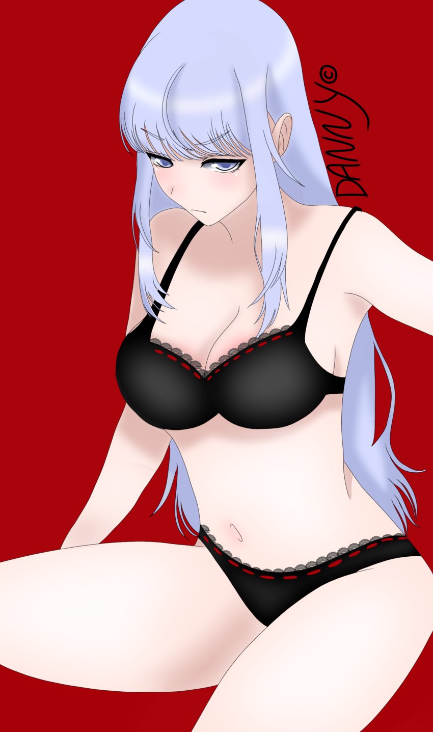 artist_name artist_request artist_signature bra breasts cleavage lingerie long_hair megami_saikou panties red_background silver_eyes silver_hair sliver_blue_eyes sliver_blue_hair tagme_(artist) yandere_simulator