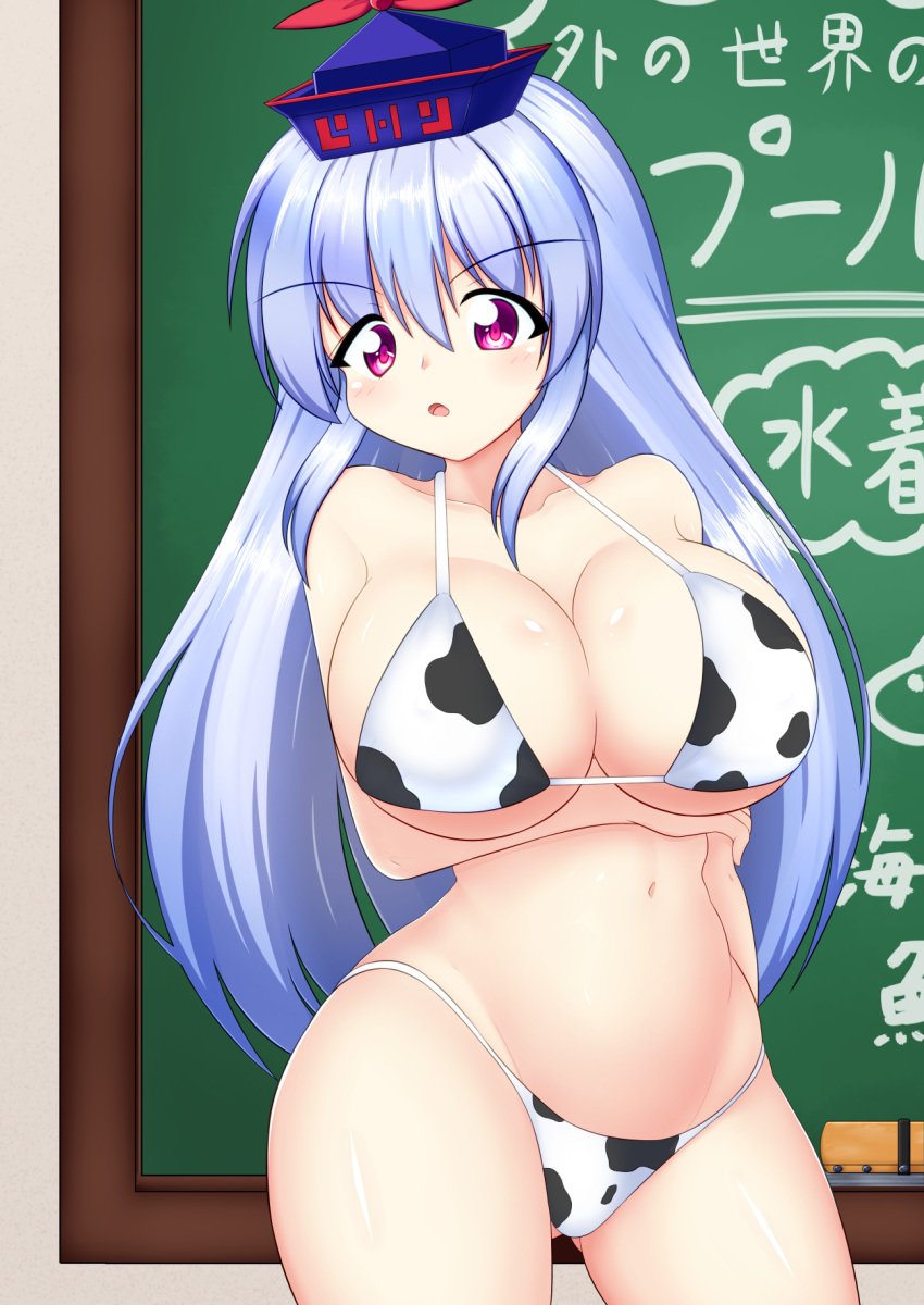 animal_print bikini blue_hair blush board_eraser breasts chalkboard cow_print embarrassed eyebrows_visible_through_hair female hands_on_own_chest highres hip_focus kagayama_hajime keine_kamishirasawa large_breasts navel purple_eyes swimsuit touhou writing