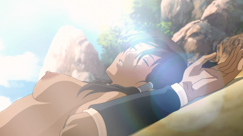 1girls avatar_legends black_hair black_skin breasts breasts_out closed_eyes female korra nipples nude_female nude_on_the_beach sideboob sleeping small_breasts straight_hair sunlight the_avatar the_legend_of_korra topless topless_female unconscious water_tribe