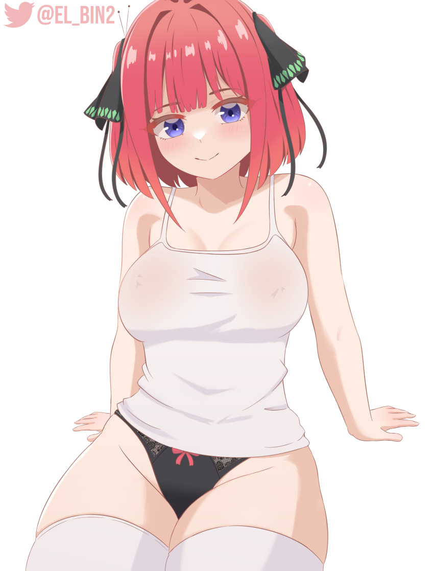 big_breasts blue_eyes blush bra breasts el_bin embarrassed female female_only full_body go-toubun_no_hanayome high_thighs huge_breasts large_breasts nakano_nino nipples_visible_through_clothing pink_hair ribbon see-through_shirt shirt short_hair solo teasing thick_thighs thighs white_background white_shirt