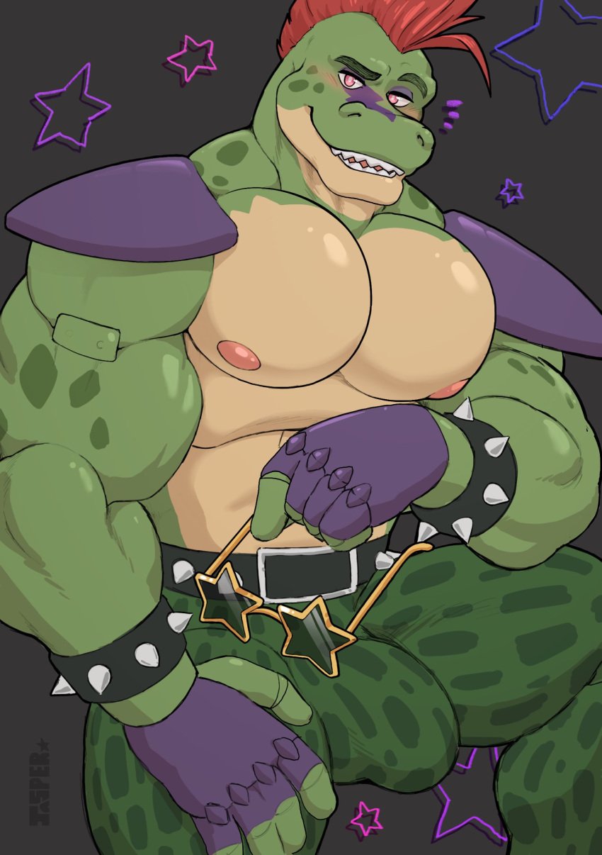 2022 alligator alligatorid animatronic anthro armband belt bent_leg big_bulge big_muscles black_background blush bottomwear bulge clothed clothing crocodilian eyebrows eyewear facial_markings fingerless_gloves five_nights_at_freddy's five_nights_at_freddy's:_security_breach flaccid gloves handwear head_markings hi_res holding_eyewear holding_object holding_sunglasses jasperbro looking_at_viewer machine male male_only markings mohawk montgomery_gator_(fnaf) muscular muscular_anthro muscular_male nipples non-mammal_nipples pants pecs reptile robot scalie scottgames shoulder_pads simple_background smile solo spiked_armband spiked_belt spikes star sunglasses teeth topless topless_anthro topless_male video_games