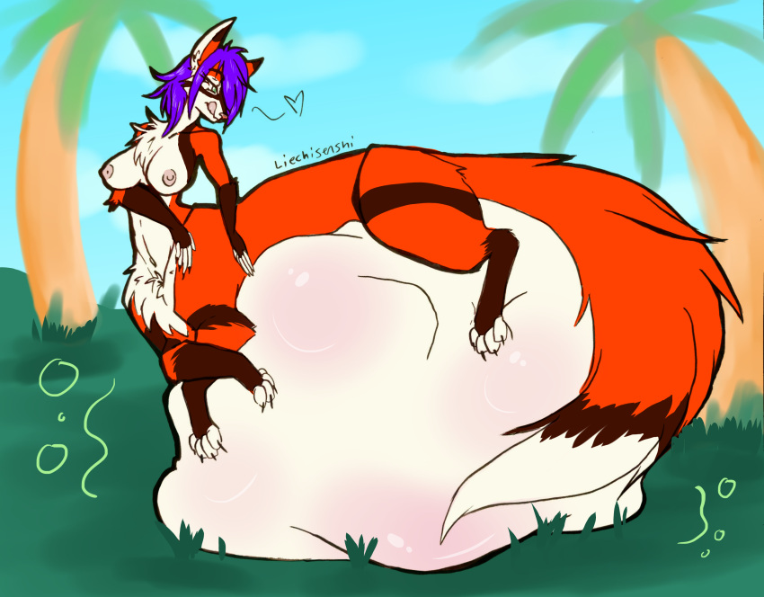 belly big_belly breasts canid canid_taur canine canine_taur female fox fox_taur fur hi_res licking licking_lips liechi lying mammal mammal_taur nipples pred sound_effects taur tree vore